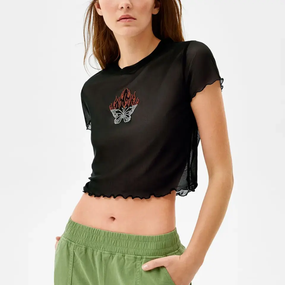 Camiseta feminina de alta qualidade com strass e renda lisa, blusa de malha para meninas, moda verão, top cropped para mulheres