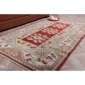 Vintage Rug 3.9x6.46 ft, <b>Red</b> Brown Solid <b>Wool</b> Turkish Rug - Product Image 1