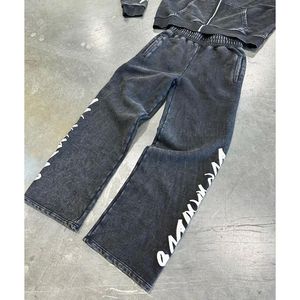 Custom Logo High Quality Cotton Distressed <b>Embroidery</b> Sweatpants and Hoodie Jogger <b>Set</b> Acid Wash Sun Faded Tracksuit for Men - Product Image 4