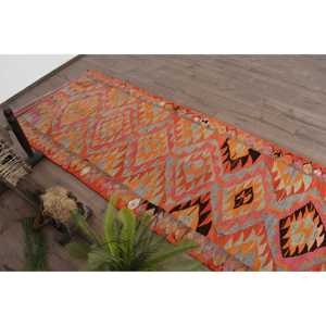 Tapis de couloir turc Kilim 3,1x9,5 pi (94x291 cm), tapis persan vintage orange - Product Image 5
