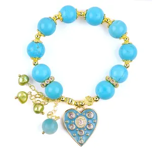 Factory Direct Selling 12MM Blue Turquoise With Blue Heart Charm Dangle Pearl Chain Stretch Bead Bracelet For Daily Wear Wear