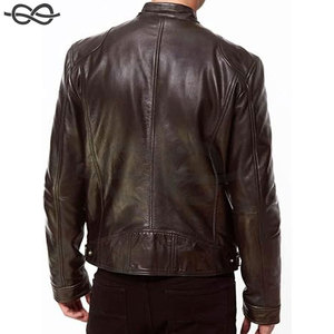 Veste de motard classique et élégante pour homme en cuir d'agneau véritable avec col montant, style vintage, en noir - Product Image 2