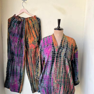 Hermoso Conjunto de pijama Kimono de seda crepé con tinte de corbata, camisón de seda de dos piezas para mujer, bata de verano para uso diario, regalo - Product Image 1