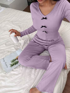 طقم ملابس نوم نسائي أنيق لشتاء 2026 من القطيفة مع ربطة عنق، ضيق ومثير بأكمام طويلة وبنطلون، ملابس منزلية من قطعتين مقاس S-2XL - Product Image 1