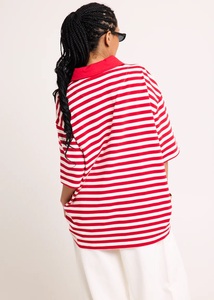 Camiseta de Mujer a Rayas 100% Algodón/Poliéster, Manga Corta, Manga Raglán, Cuello con Solapa, Estilo Holgado y Cuadrado, Verano - Product Image 4