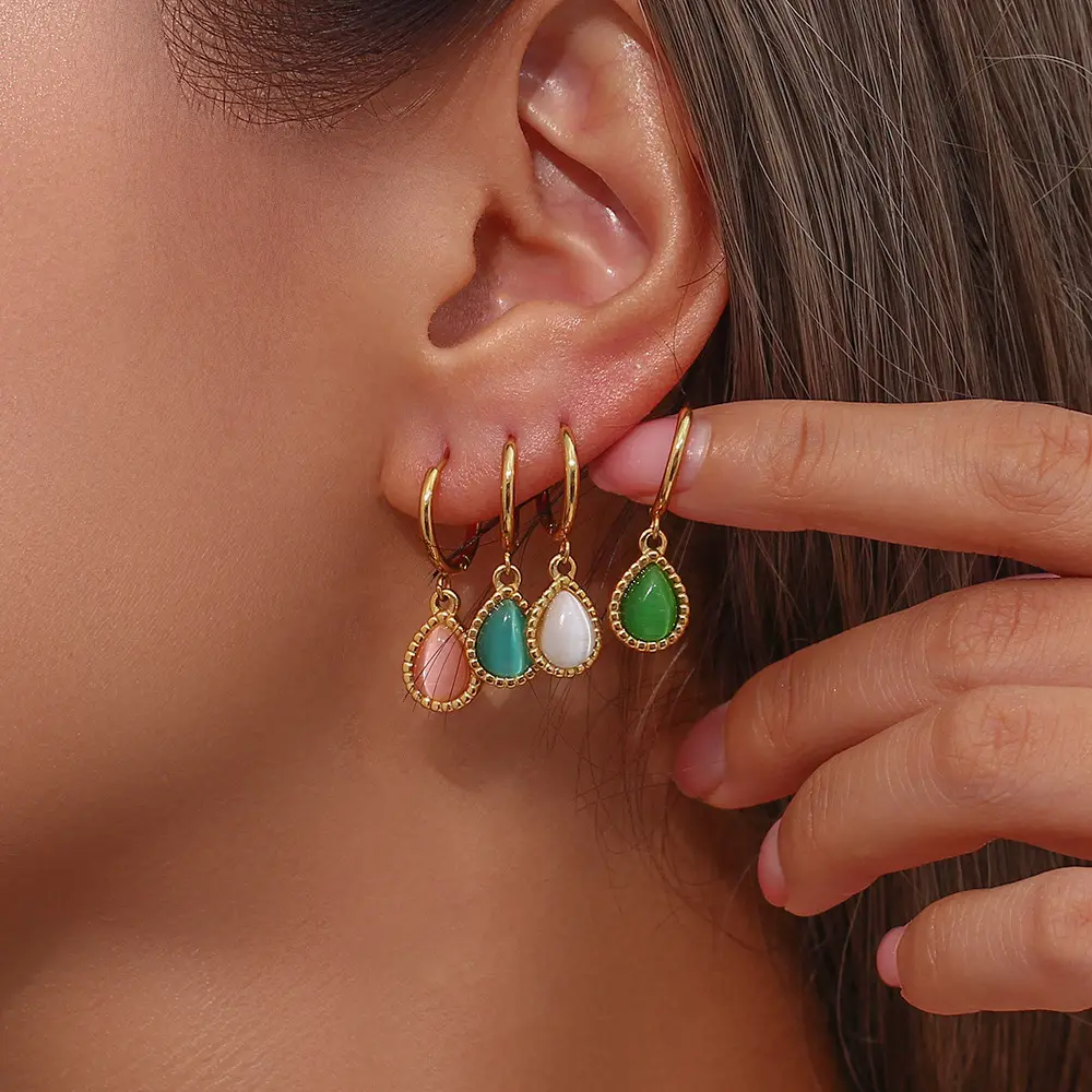 Brincos de olho de gato, brincos com pedra gema verde rosa para mulheres, joias de aço inoxidável