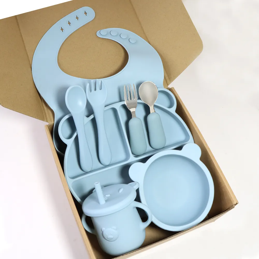 Bpa Free Cartoon Suction Plate Bowl Spoon Set Non-spill Silicon Bib Silicone Toddler Kids Baby Weaning Feeding Set