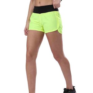 Shorts de course pour femmes jaune fluo taille haute avec poches, séchage rapide, shorts de sport, taille élastique, tissu tricoté - Product Image 1