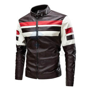 Chaqueta de Cuero para Motociclista Moderna para Hombre, Cuello Alto, Diseño de Bloques de Color, Chaqueta de Cuero con Cremallera Completa para Hombre, Marrón, Blanco y Rojo - Product Image 1