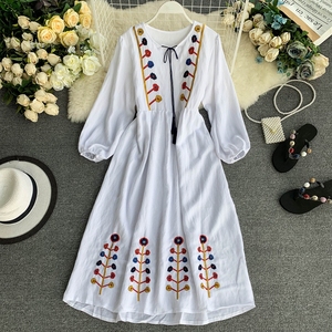 Mode d'été 100% Coton Mexicain Brodé Femmes Designer Tunique Tops Floral Pattern Floor-Length Dress Hand Embroidery - Product Image 1