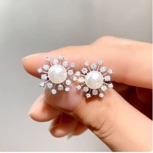 Luxury Pearl Stud Earrings for Women Round White Pearl with CZ Halo Crystal Floral Design Bridal Wedding Party Jewelry Gift - Product Image 3
