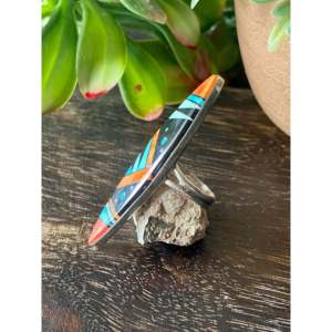 Navajo-Made Multi Stone & Sterling Silver Galaxy <b>Ring</b> Invisible Setting Free Size (<b>Adjusts</b> Size 7.75) Unique Number Shape Gift - Product Image 4