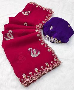 Saree en soie de mousseline de soie pure indienne de style Bollywood avec bordure en dentelle brodée et pièce de chemisier, saree de vêtements de fête. - Product Image 2