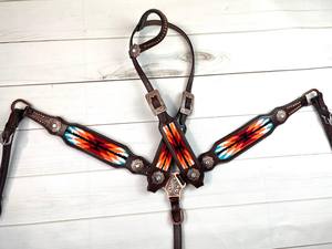 Ensemble de bridage western en cuir foncé tissé à motif orange et rouge EquiElite Exports, avec tête de cheval, collier de poitrail et bride - Product Image 5