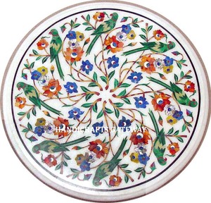 Attractive Design Handicraft Item White Marble Inlay <b>Work</b> <b>Table</b> Top With Handmade Round Shape Bird Inlay Design Marble <b>Table</b> Top - Product Image 1