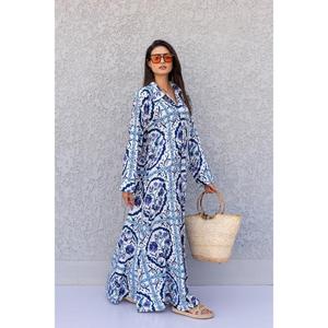 ชุดเดรสยาวคาฟตันของผู้หญิงผ้าซาตินเนื้อเรียบพิมพ์ลายสวยงามสไตล์เอวธรรมชาติซักได้ทุกวันดีไซน์หรูหรา - Product Image 2