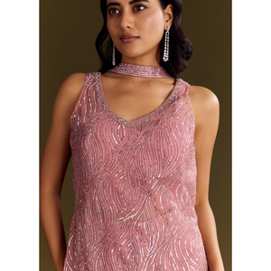 Rosa crêpe ricamato Kurta Palazzo completo con rete girocollo Dupatta all'ingrosso donna abbigliamento etnico OEM abbigliamento abito personalizzato - Product Image 4
