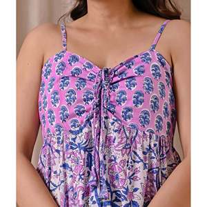 Robe en coton imprimée à bretelles spaghetti, violet et blanc, taille empire élégante et décontractée, respirante, taille unique 5XL pour la journée - Product Image 2