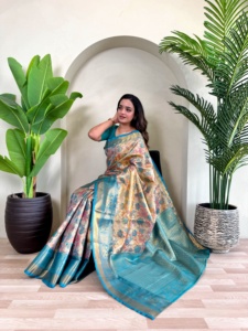 Dernière exclusivité inspirée Kanchipuram soie Sari fantaisie doré Jari travail indien Bollywood mariée classique fête de mariage vêtements ethniques - Product Image 3