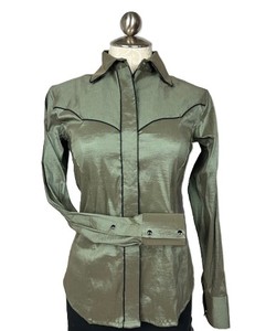Hecho a mano Cowgirl Western Show Shirt Ladies Rust Retro Top en tela de tafetán elástico - Product Image 1