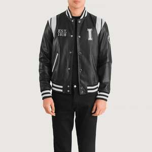 GLOBAL LEATHER Vintage Varsity <b>Jacket</b> in Black <b>Sheepskin</b> Leather Waterproof Embroidered Pattern Unisex Sizes XS XL Autumn Season - Product Image 1
