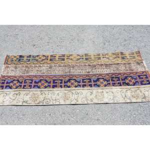 Alfombra Vintage de Lana Turca para Sala de Pasillo, Tapete de Látex con Patrón Abstracto de Retales Rectangulares, 2.3x6ft, Negro, Beige, Hecho a Mano - Product Image 3