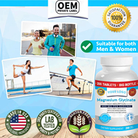 Comprimés de glycinate de magnésium OEM 400 mg, complément alimentaire à absorption élevée, 200 comprimés végétaliens, étiquette personnalisée, vente en gros usine