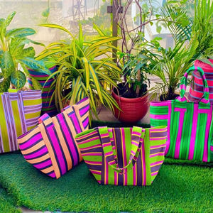 Bolsa de viaje ecológica personalizada con mango a rayas para playa, bolsas de aseo cosméticas de nailon reciclado, bolsas de compras con cremallera reutilizables - Product Image 1