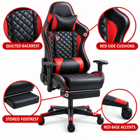 Chaise de jeu moderne en PVC matelassé noir et rouge avec repose-pieds réglable et coussin lombaire pour bureaux à domicile, salles d'étude et salles de jeu