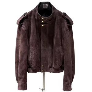 Chaqueta de Cuero Genuino Marrón Oscuro Extra Grande para Mujer, Otoño 2026, Chaqueta Bomber de Gamuza Real con Cierre de Cremallera y Botones, Transpirable y Resistente al Viento - Product Image 3
