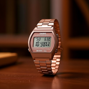 Montre numérique vintage rectangulaire en acier inoxydable rose doré, bracelet 18 mm B640WC 5A - Product Image 3