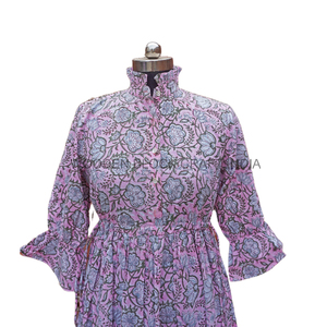 Robe longue trapèze faite main vintage 100 % coton respirant écologique séchage rapide col montant imprimé naturel pour soirée formelle - Product Image 2