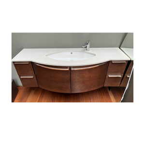 Modern Italian Style Dark <b>Oak</b> Bathroom Vanity with Quartz Top & Integrated Sink, Rounded Edges, Contemporary Design - Product Image 2