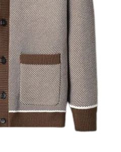 Beige Brown Contrast Trim V Neck Knitted <b>Cardigan</b> Sweater With Button Closure Cotton Soft Warm Fabric For Daily Casual Wear - Product Image 6