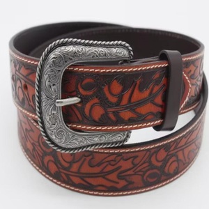 Full Grain Cowhide Men's Fashion Western Leather <b>Tooling</b> Belt with floral <b>engraved</b> brass buckle <b>tooled</b> leather belt - Product Image 2