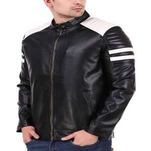 Veste en cuir noir et blanc Faux hommes coupe régulière manches longues fermeture à glissière saison d'hiver vestes de motard pour jeunes - Product Image 3