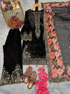 Conjunto Salwar de terciopelo pesado con bordado Zari de diseñador pakistaní Maruti Fashion, preconfeccionado, para mujer, estilo palazzo recto, para boda. - Product Image 5