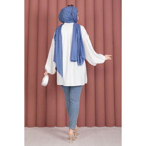 Tunique simple et tendance à manches ballon, détails froncés, en popeline de coton satiné blanc imprimé, décontractée pour le quotidien, tailles XL, L, XL, pour le printemps et l'automne - Product Image 5