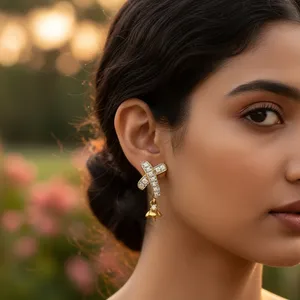 Pendientes de Diamantes en Forma de Cruz, Chapados en Oro Rosa sobre Plata, Joyería Elegante para Mujer, para Bodas, con Corte Baguette y Engaste en Canal - Product Image 1
