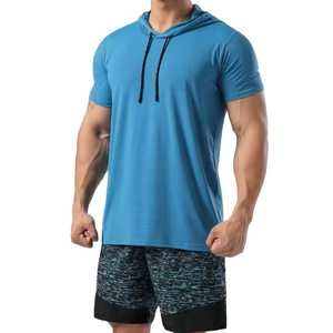 Sweat-shirts de sport et de fitness pour hommes, vente en gros de t-shirts à manches courtes en coton et élasthanne, avec col à capuche et logo sur le devant - Product Image 6