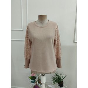 Women'<b>s</b> Long Sleeve Crew Neck Floral Sleeve Waffle <b>Blouse</b>, 37586 - Beige - Product Image 5
