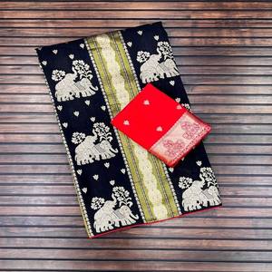 Sari VASTRA COTTAGE en viscose de soie pure Chinya, tissage jacquard, avec des motifs d'éléphants en zari argenté doré et un pallu riche - Product Image 5