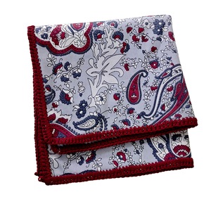 Handmade Gray Burgundy Paisley Knitted <b>Edge</b> Signature Border Handkerchief Dining Pocket <b>Square</b> for Blazers Suit - Product Image 2