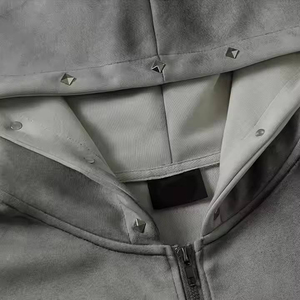 Sudadera con capucha con cremallera de utilidad de gran tamaño con patrón sólido gris claro, transpirable y lavado para la temporada de invierno, sudaderas con capucha de diamantes de imitación - Product Image 3