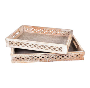 <b>Hotel</b> and <b>Restaurant</b> <b>Supplies</b> Rectangular Hand Carved Wooden Tray Set Mango Wood Food Serving Trays Set of 2 with Handles - Product Image 1