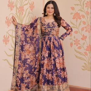 Robe de soirée élégante en soie pour femmes, robe de mariée longue, broderie imprimée numérique, bordure en dentelle, style indien pakistanais - Product Image 1