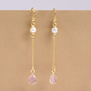 เงินแท้ 925 พร้อมทองชุบ Rose Quart ต่างหูมุก - Product Image 5
