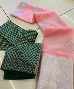 Sari estampado rojo con blusa de algodón blanco para mujer de fiesta de boda simple - Product Image 4