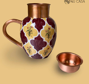 Pichet en cuivre imprimé fleur géométrique en laiton AK avec couvercle et 2 verres finis multicolores Ensemble de 3 pour usage quotidien/cadeaux de festival - Product Image 3