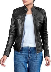 Women's Genuine Leather Slim Fit Biker <b>Jacket</b> Cafe Racer Motorcycle Quilted Solid Knitted Autumn Winter Stand Collar Outerwear - Product Image 1